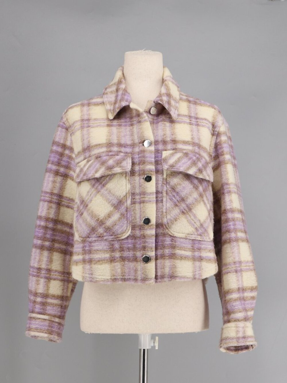 ZARA Wool Blend Plaid Cropped Shacket Jacket in Lilac & Cream Size M - Picture 1 of 5